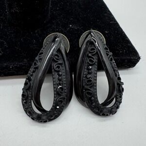 Don Lin Vintage Earrings Black Crystal Scroll Teardrop Hoop Statement Pierced